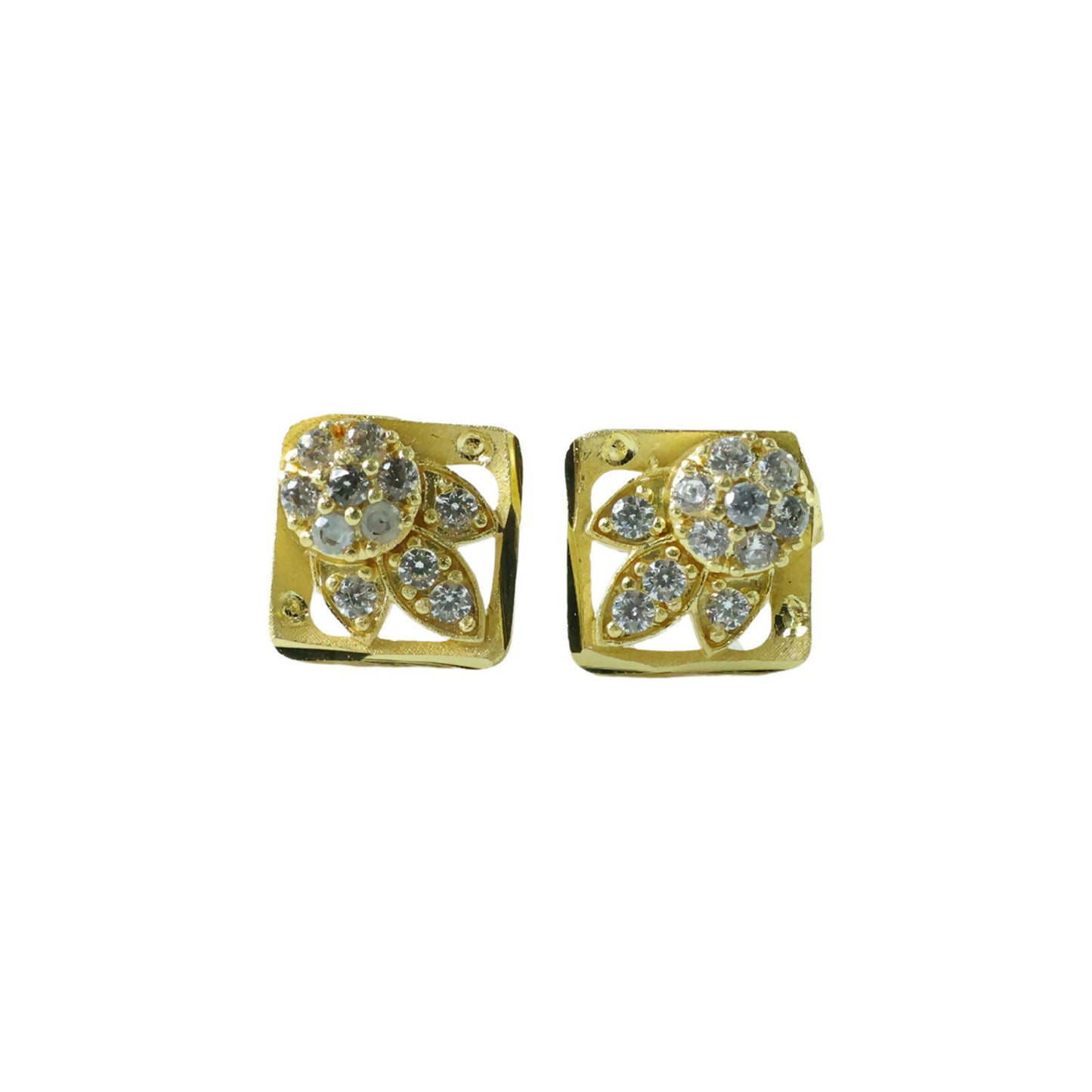 Golden floral motif earrings with sparkling embellishments detailed up-close
