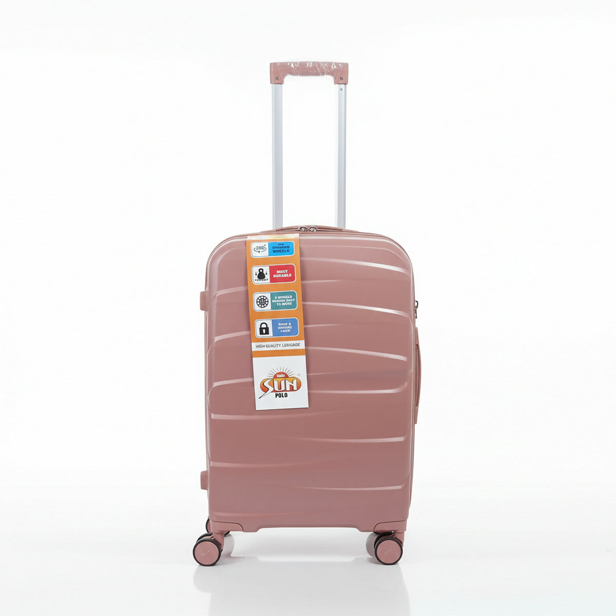 Extended telescopic handle on grey hard shell luggage