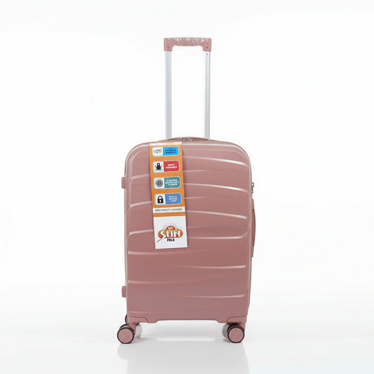 Extended telescopic handle on grey hard shell luggage