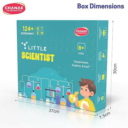 A teal box for the Little Scientist kit is shown with its dimensions: 37cm length, 30cm height, and 7.5cm width.