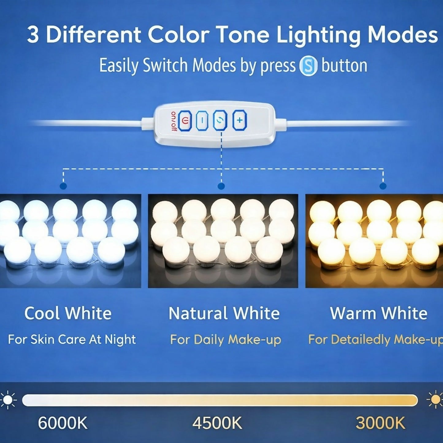 LED Vanity Mirror Lights with 3 Color Modes, Adjustable Bulbs, USB Powered