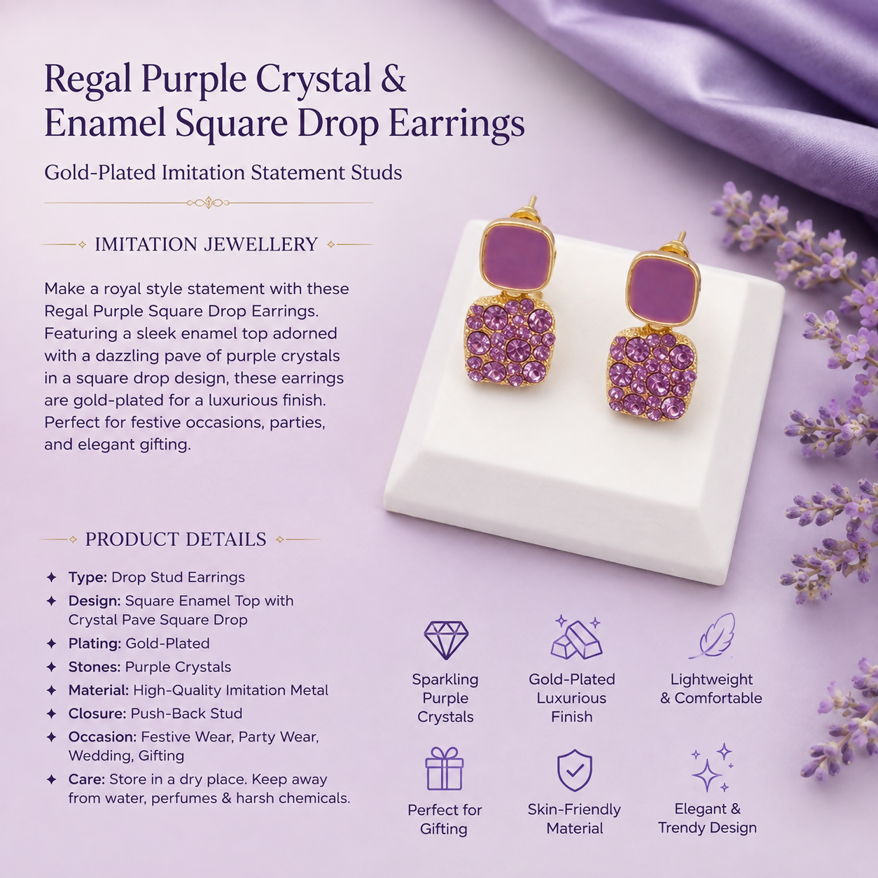 A pair of purple crystal and enamel square drop earrings on a white display stand, surrounded by product details and