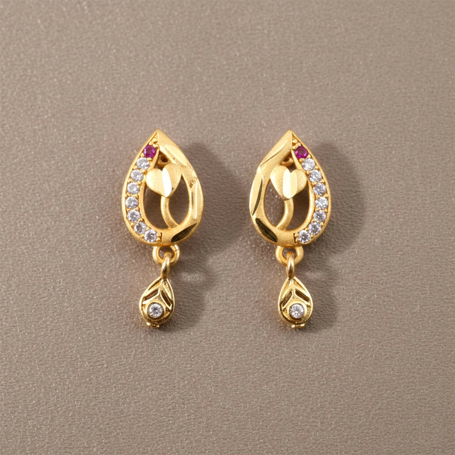 Ruby Blossom Teardrop Leaf Drop Gold and Stone Earrings