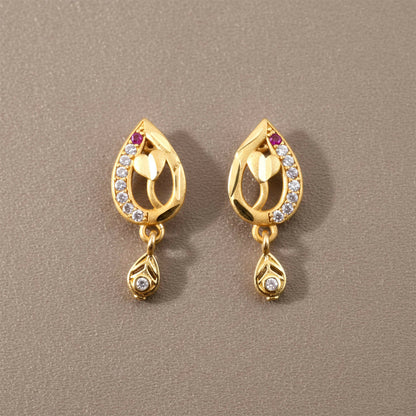 Ruby Blossom Teardrop Leaf Drop Gold and Stone Earrings
