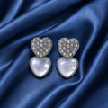 Silver Tone Heart Shape Pearl Drop Earrings with Crystal Studs for Women & Girls