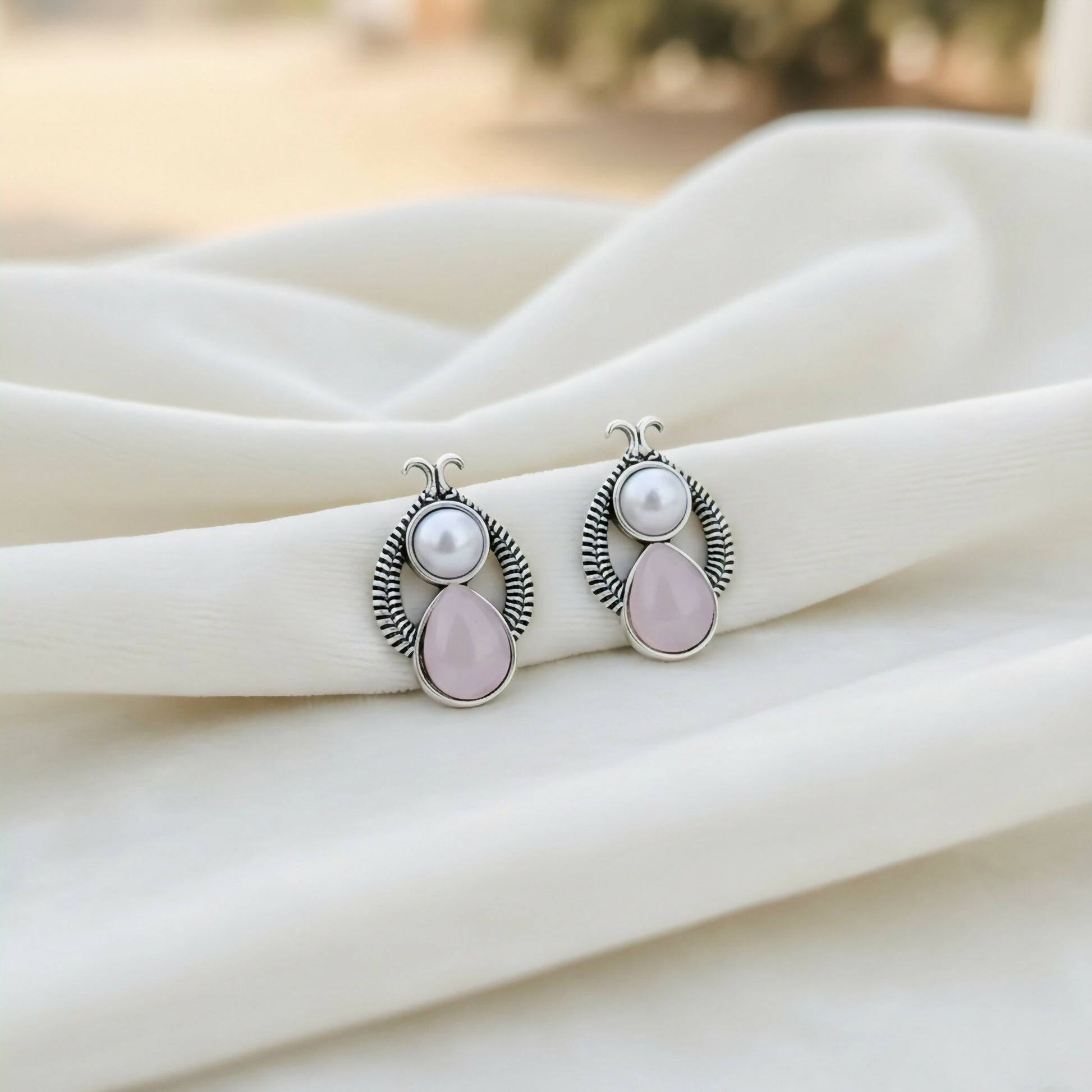 The Rose & Pearl Duet: Vintage-Finish Silver Drop Studs earrings
