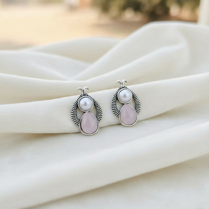 The Rose & Pearl Duet: Vintage-Finish Silver Drop Studs earrings