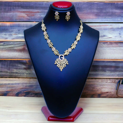 Gold-Toned American Diamond & Kundan-Style Leafy Necklace Set