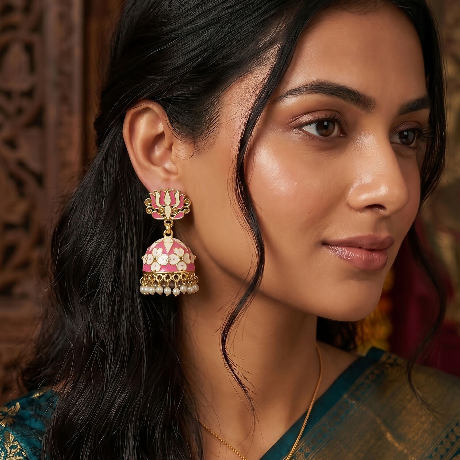 Golden finish lotus jhumka earrings with pearl beads