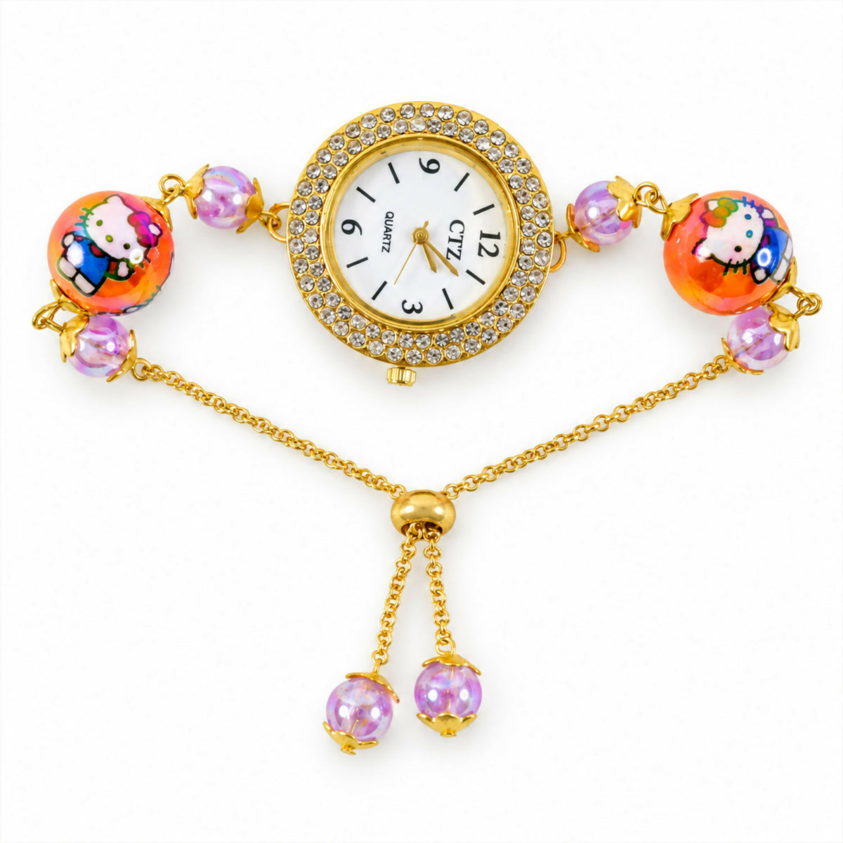 A gold-tone bracelet watch with a rhinestone-bordered dial, two orange cartoon character beads, and smaller purple beads, on