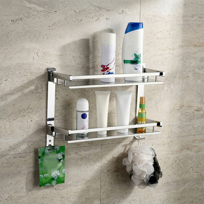 Stainless steel 2-layer bathroom rack with wooden shelves
