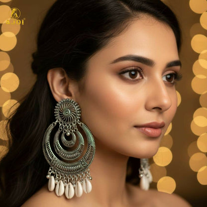 Oxidized Silver Chandbali Earrings with Cowrie Shell Drops Earring