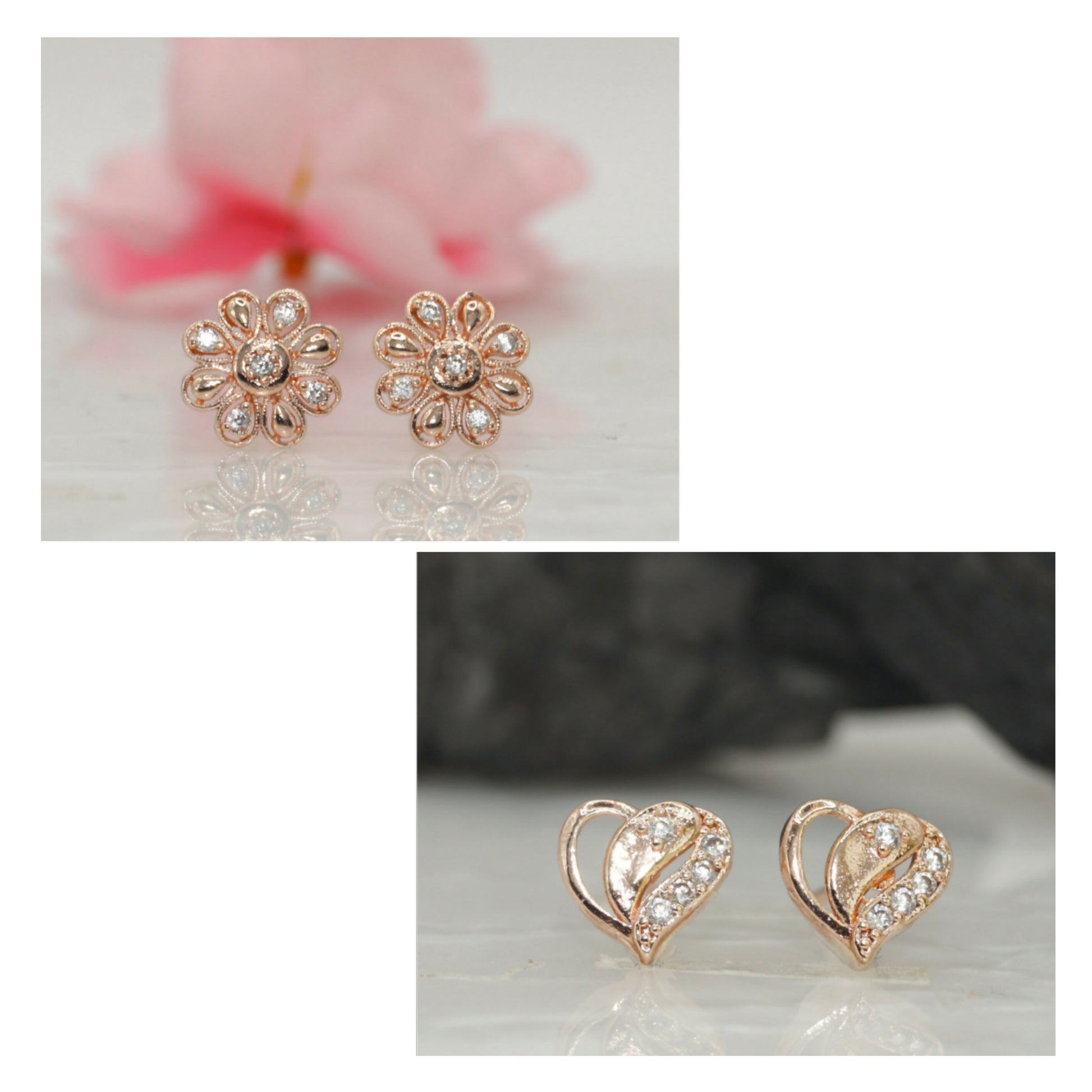 Rose Gold AD Stud Earrings - Flower & Heart Shape Daily Wear for women and girls Combo Pack of 2