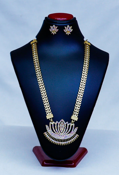 Grand Gold-Toned American Diamond Lotus Necklace Set