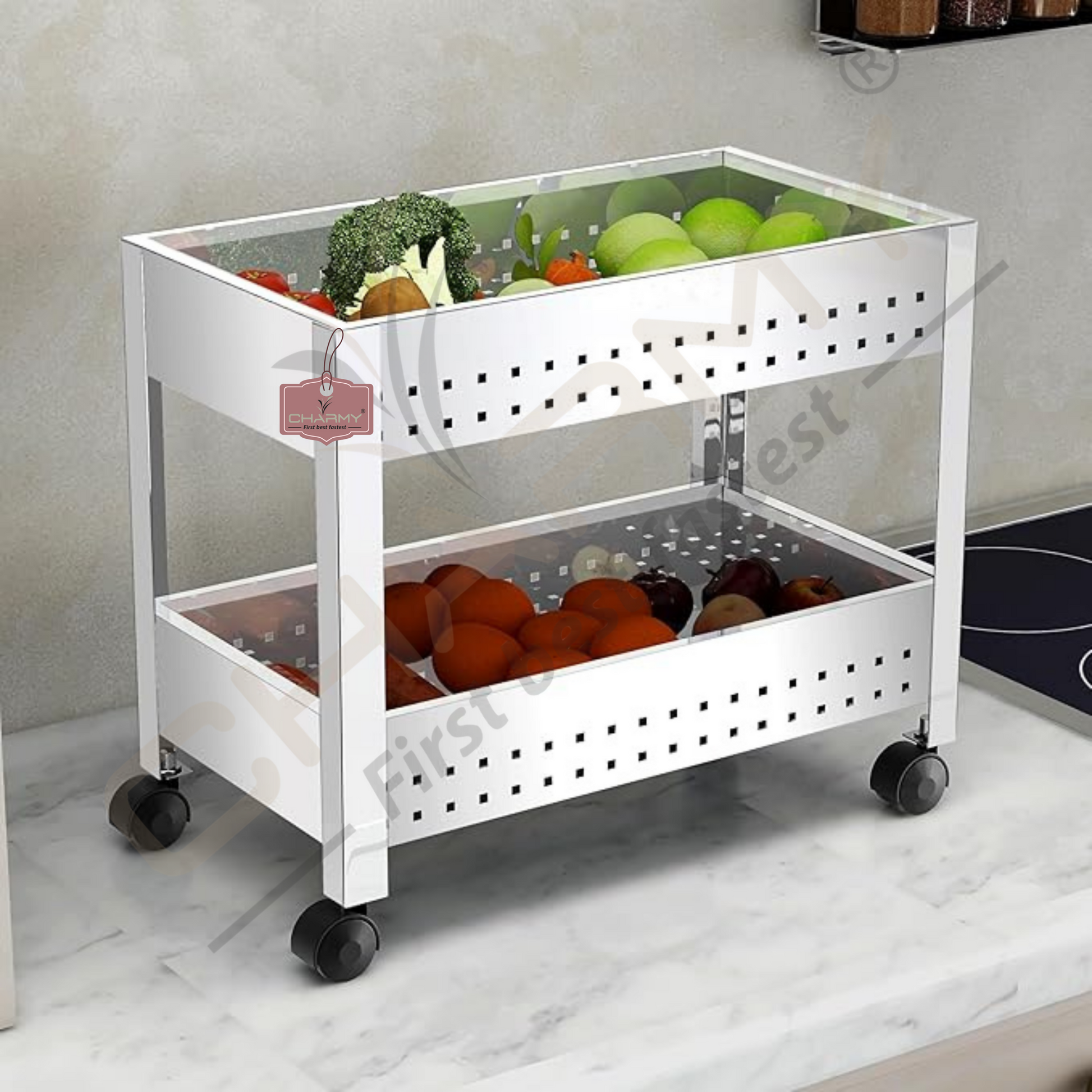 Stainless Steel 2-Tier Vegetable Storage Trolley Silver
