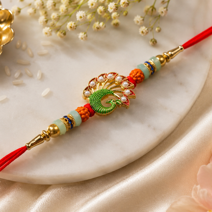 A red thread bracelet with a green peacock charm, orange and light green beads, and gold accents is displayed on a white