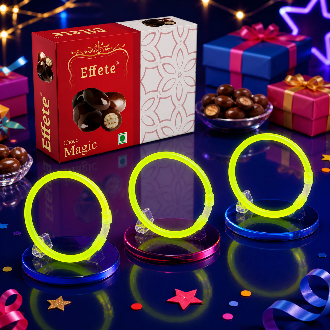 Yellow Neon Glow Band Rakhi with Choco Magic, Pack of 3