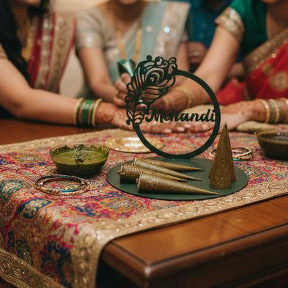 Mehendi Ceremony Tabletop Sign with Peacock Motif Elegant Wedding Decor Accent