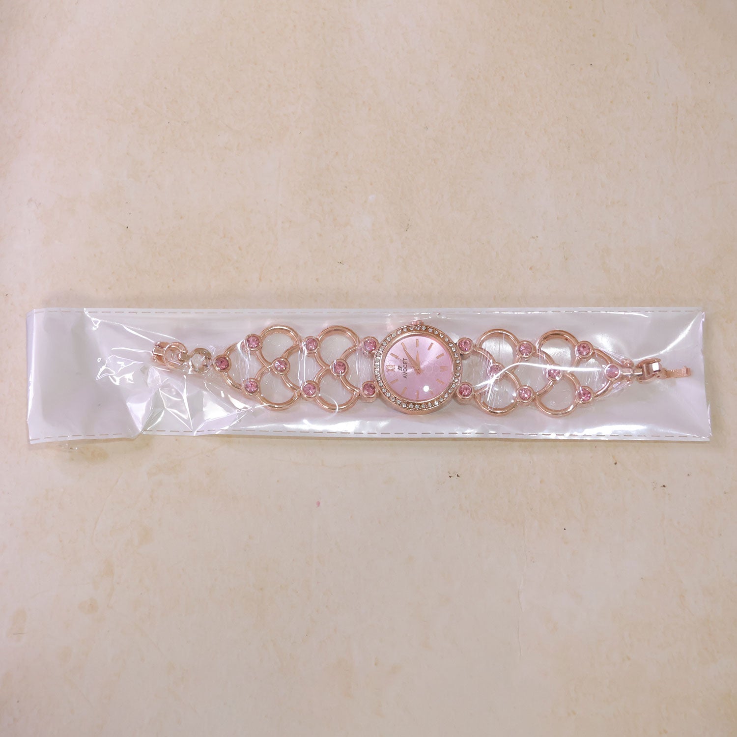 Rose Gold Round Shape Dial Watch with Crystal Bracelet Style Strap for Women
