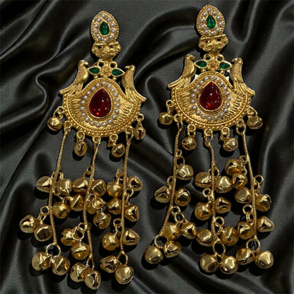 Kashmiri Heritage Gold-Plated Dangler Earring with Red Teardrop Stone, Pearl Detailing & Ghungroo Chains.