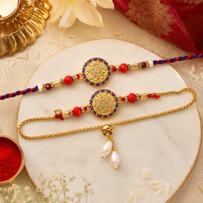 Stone Studded Round Bhai Bhabhi Lumba Rakhi with Pearl Hangings