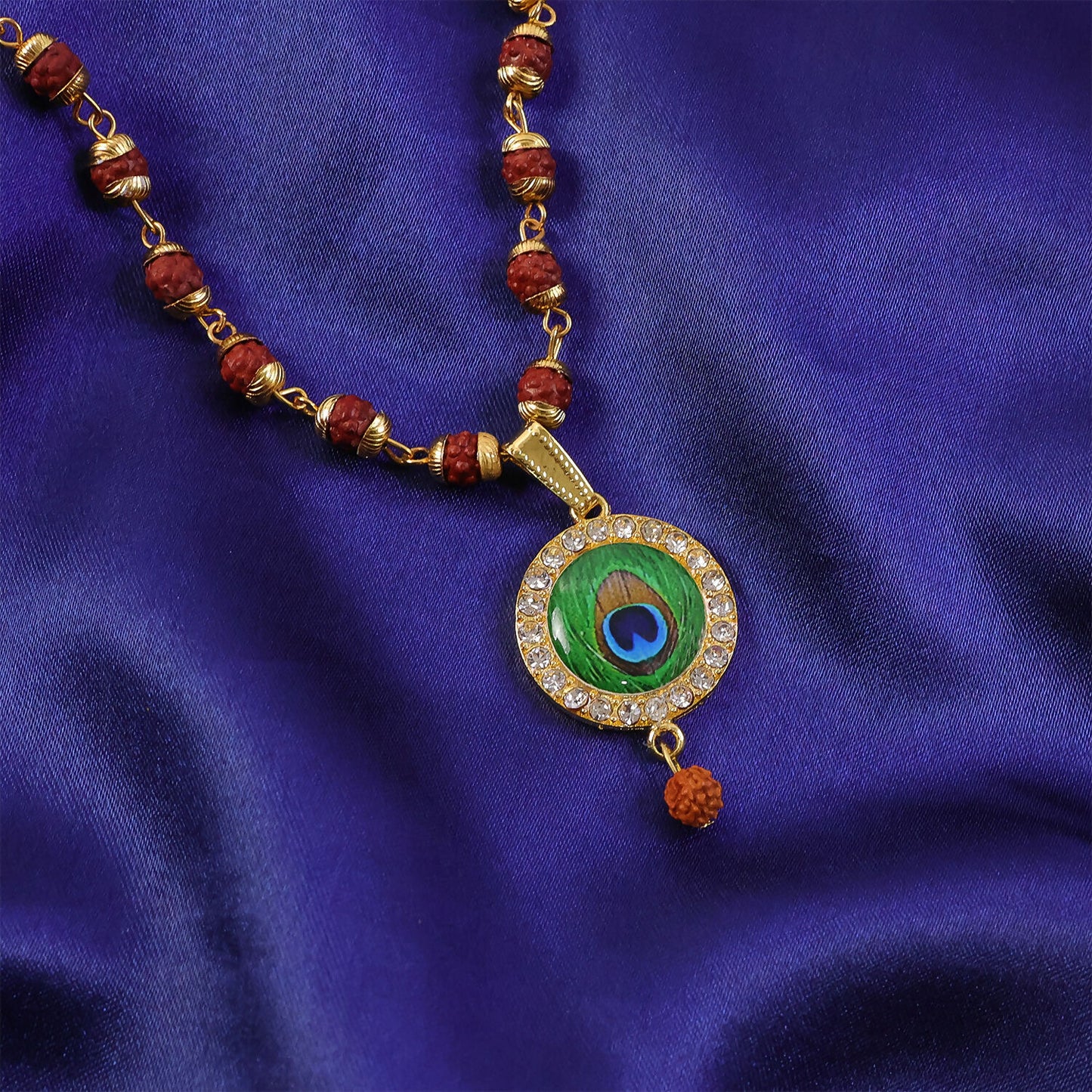 Morpich Feather Gold Plated Pendant & Rudraksha Mala