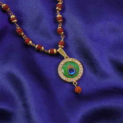 Morpich Feather Gold Plated Pendant & Rudraksha Mala