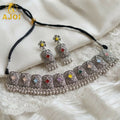 Premium Oxidised Silver-Plated Multicolor Stone Choker Necklace Set