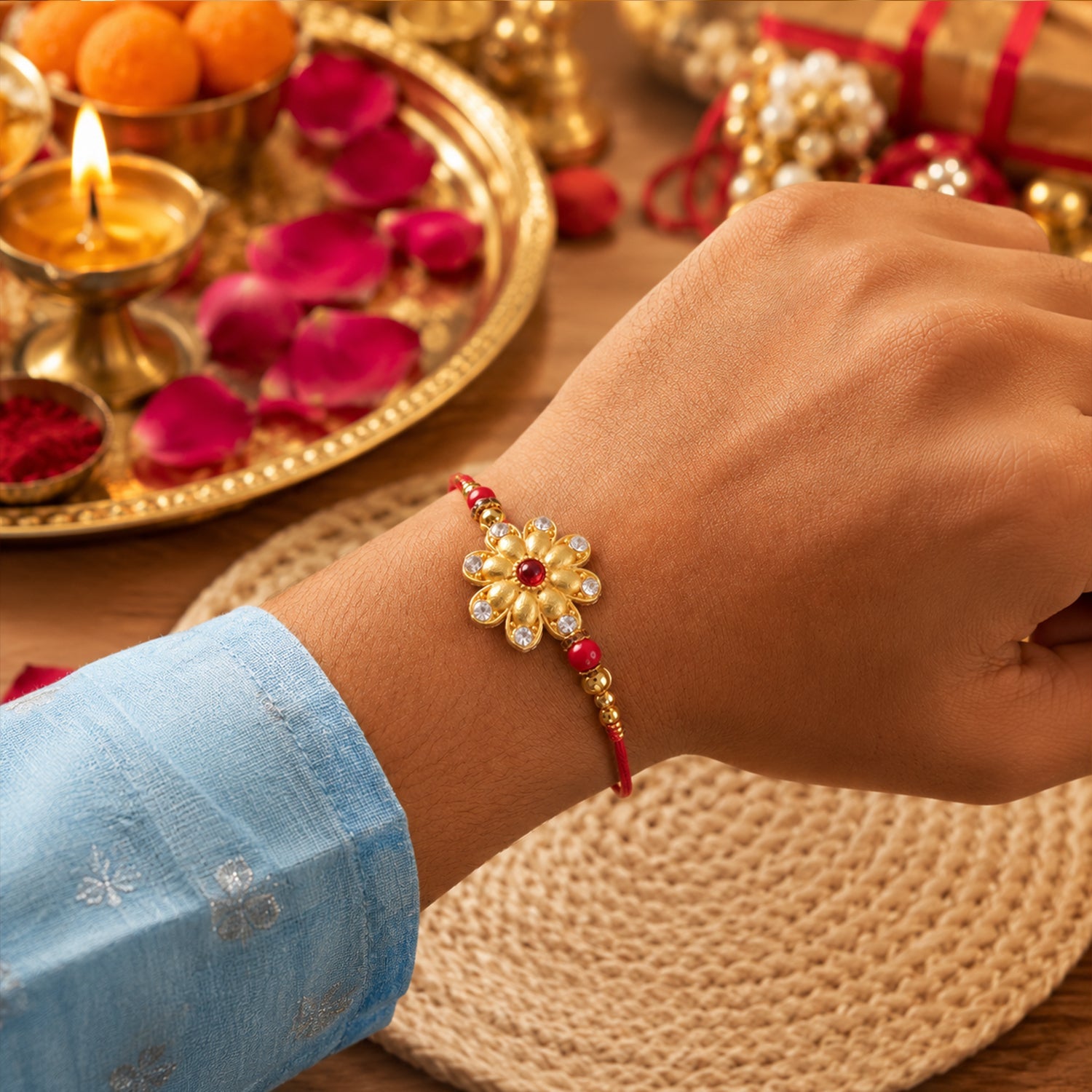 Golden Flower Rakhi for Brother Festive Raksha Bandhan Design (10pcs)