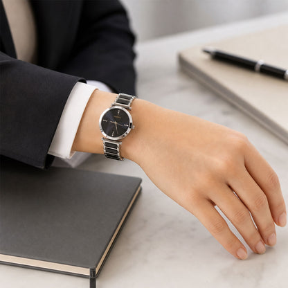 Black Round Shape Dial Watch with Silver Metal Strap Design for Women