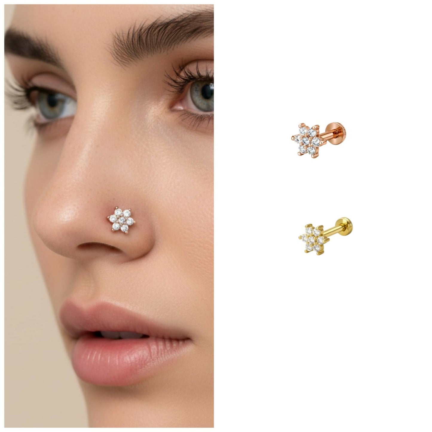 Gold and rosegold plated Crystal Flower Flat Back AD Nosepin Stud Combo Pack of 2