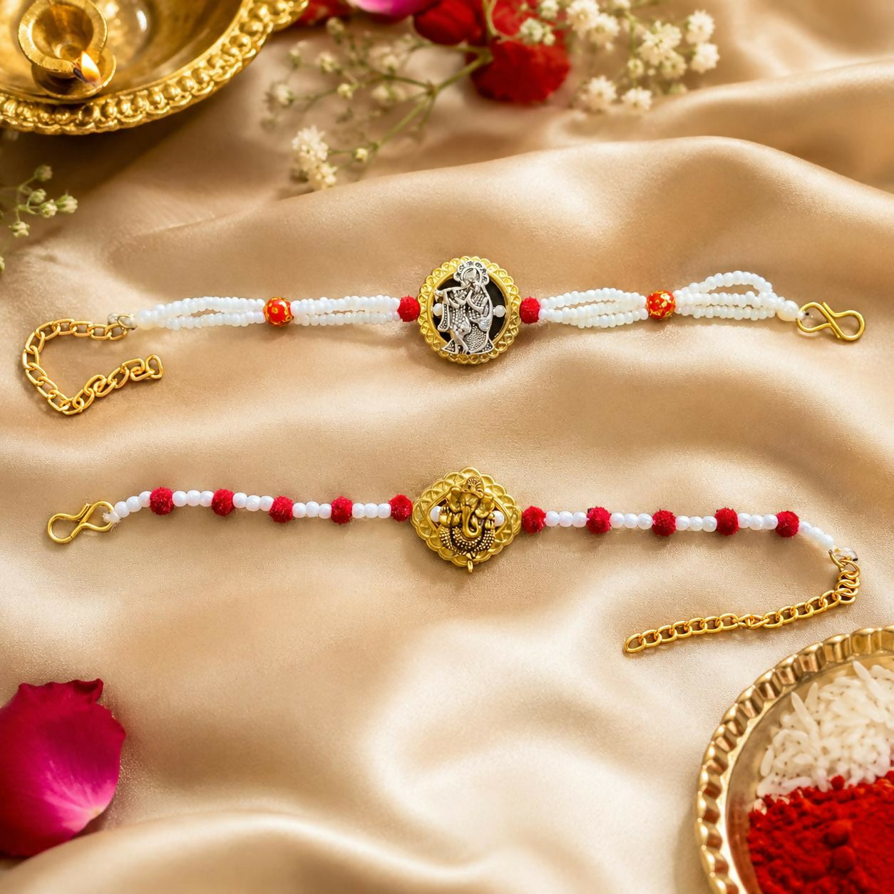 Premium Radha Krishna & Ganesh Designer Rakhi Set with Pearl Beads for Bhai - 2 rakhi close-up detail for festive gifting