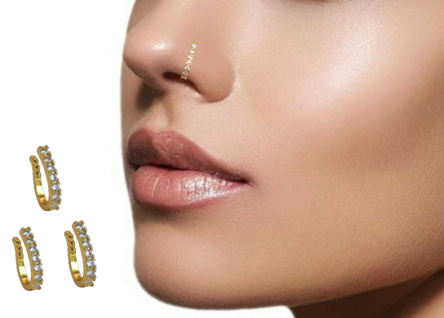 Gold-Plated CZ Lined Nose Ring Set of 3 | Elegant Daily Nosepins