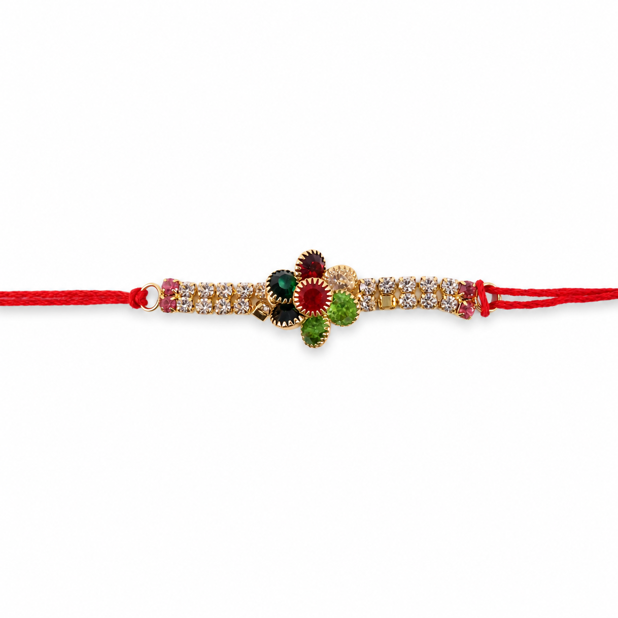 Multicolour Floral Kundan Rakhi with Red Green Center and Crystal Line