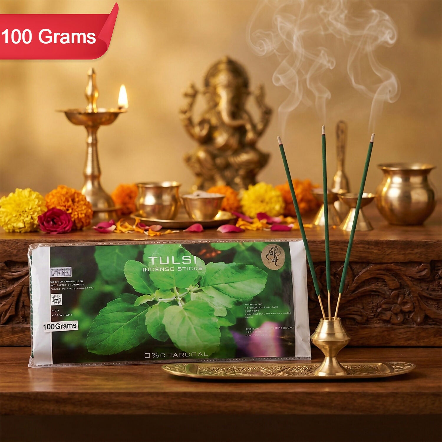 Tulsi Incense Sticks on wooden tray for spiritual use
