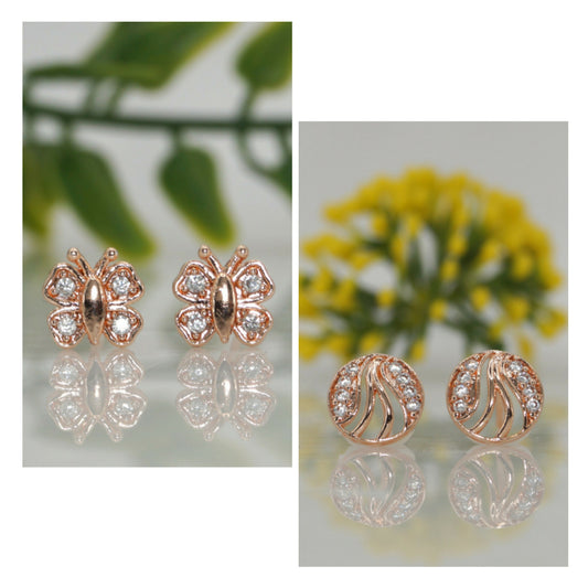 Rose Gold Plated AD Stud Earrings Set (Butterfly & Round) for women and girls Combo Pack of 2
