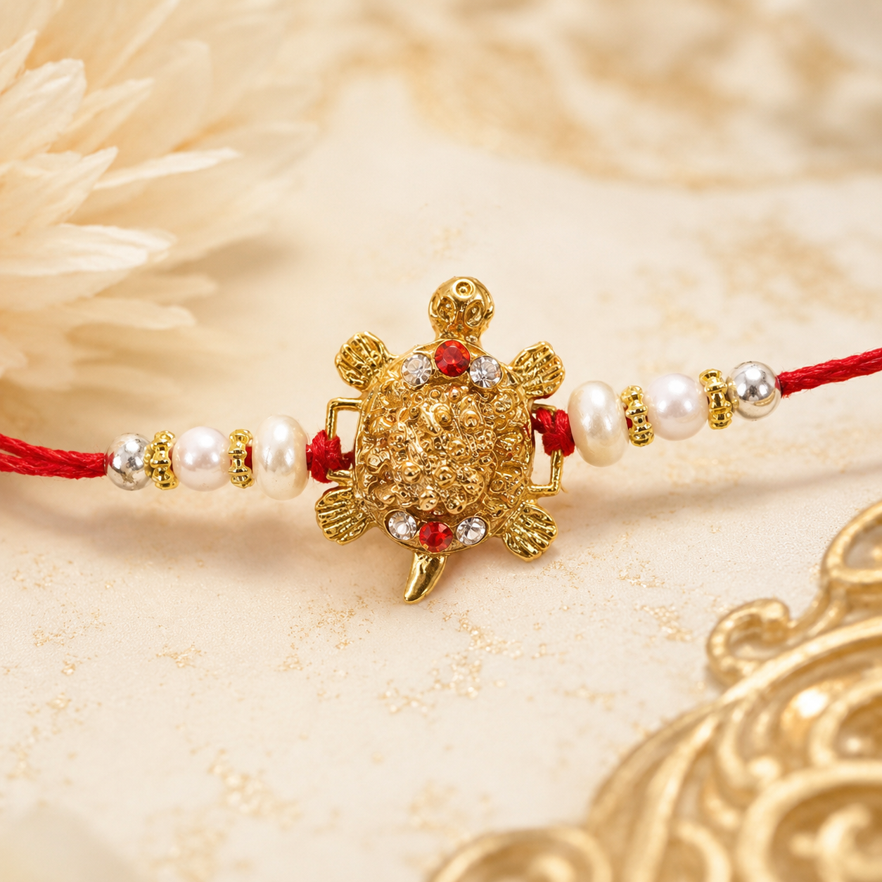 Gold Turtle Motif Rakhi with Pearl Sides and Classic Red Thread