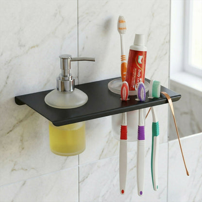 Premium Stainless Steel Wall Mounted Bathroom Shelf with Soap Dispenser & Toothbrush Holder