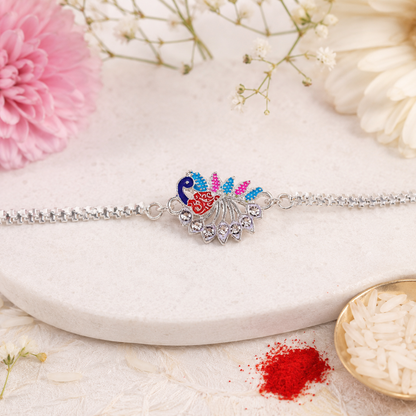 Peacock Rakhi, Enamel Finish Silver-Tone Design for Raksha Bandhan (10pcs)