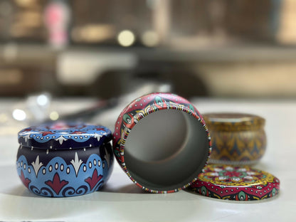 Metal decorative storage container with printed pattern