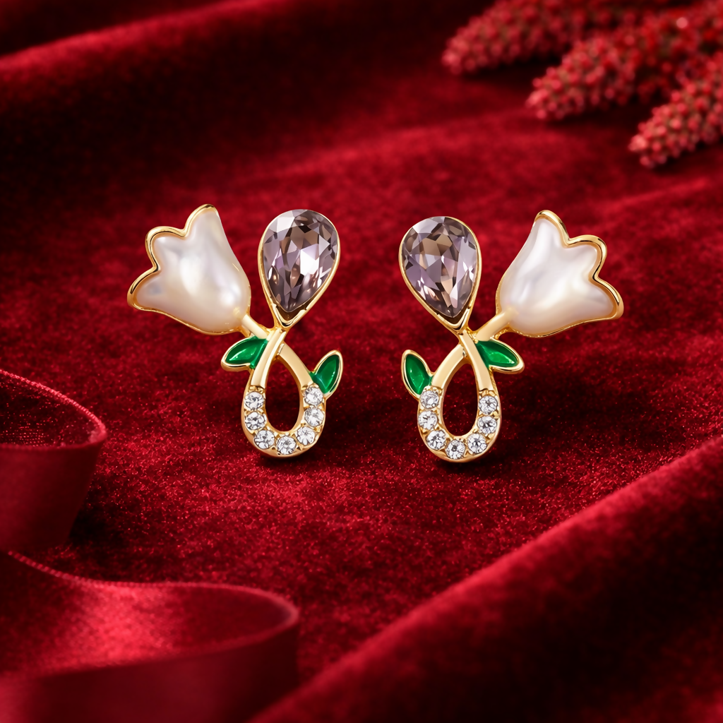 Elegant White Floral Stud Earrings for Women | Gold Plated Crystal Drop Design