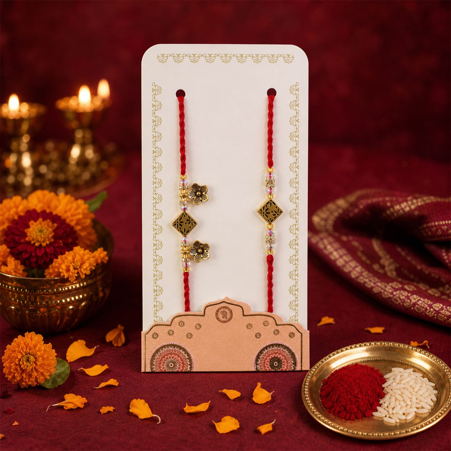Floral Square Couple Rakhi Set with Crystal Beads and Antique Flower Lumba Charms