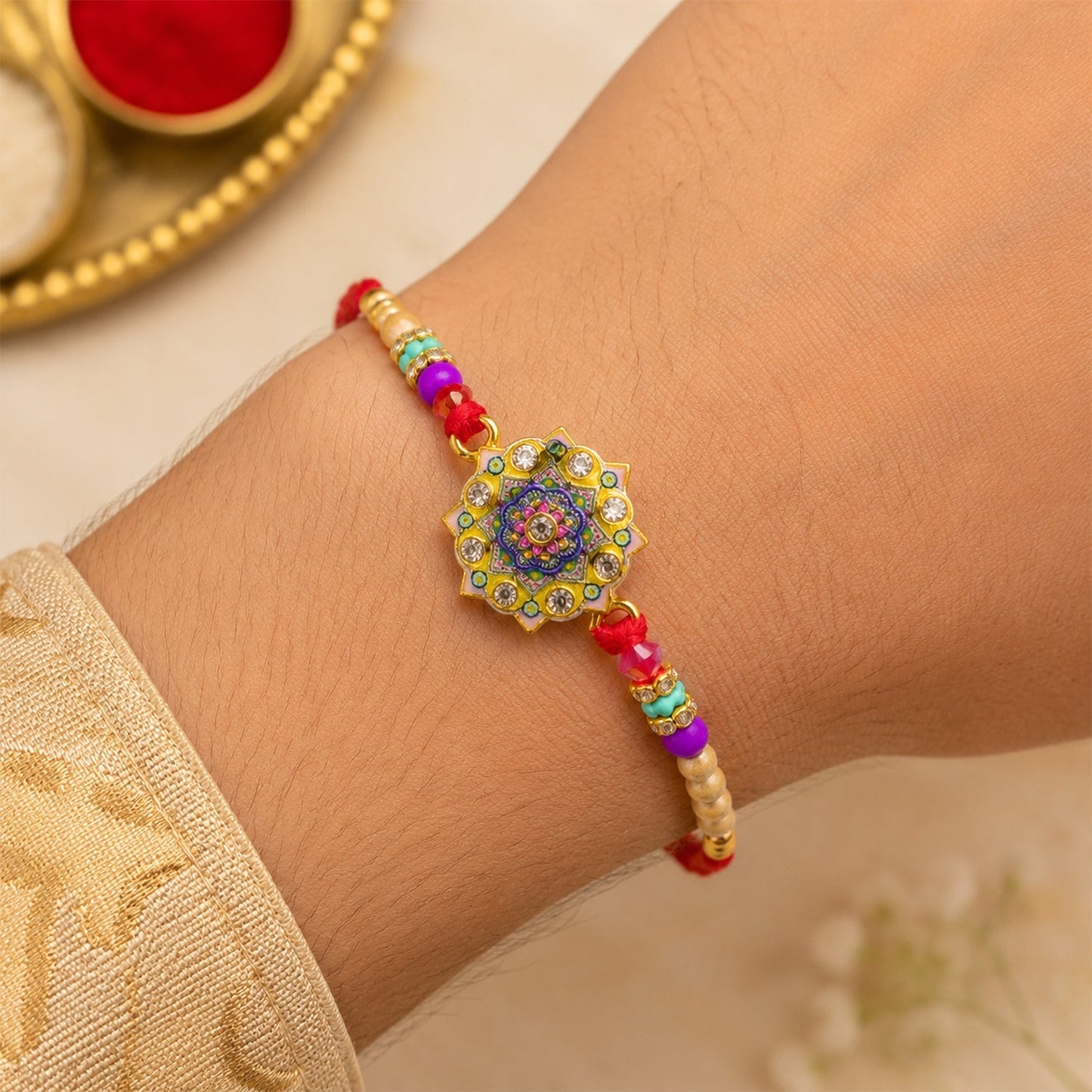 Rakhi for Brother Floral Mandala Enamel Gold Tone Design (10pcs)