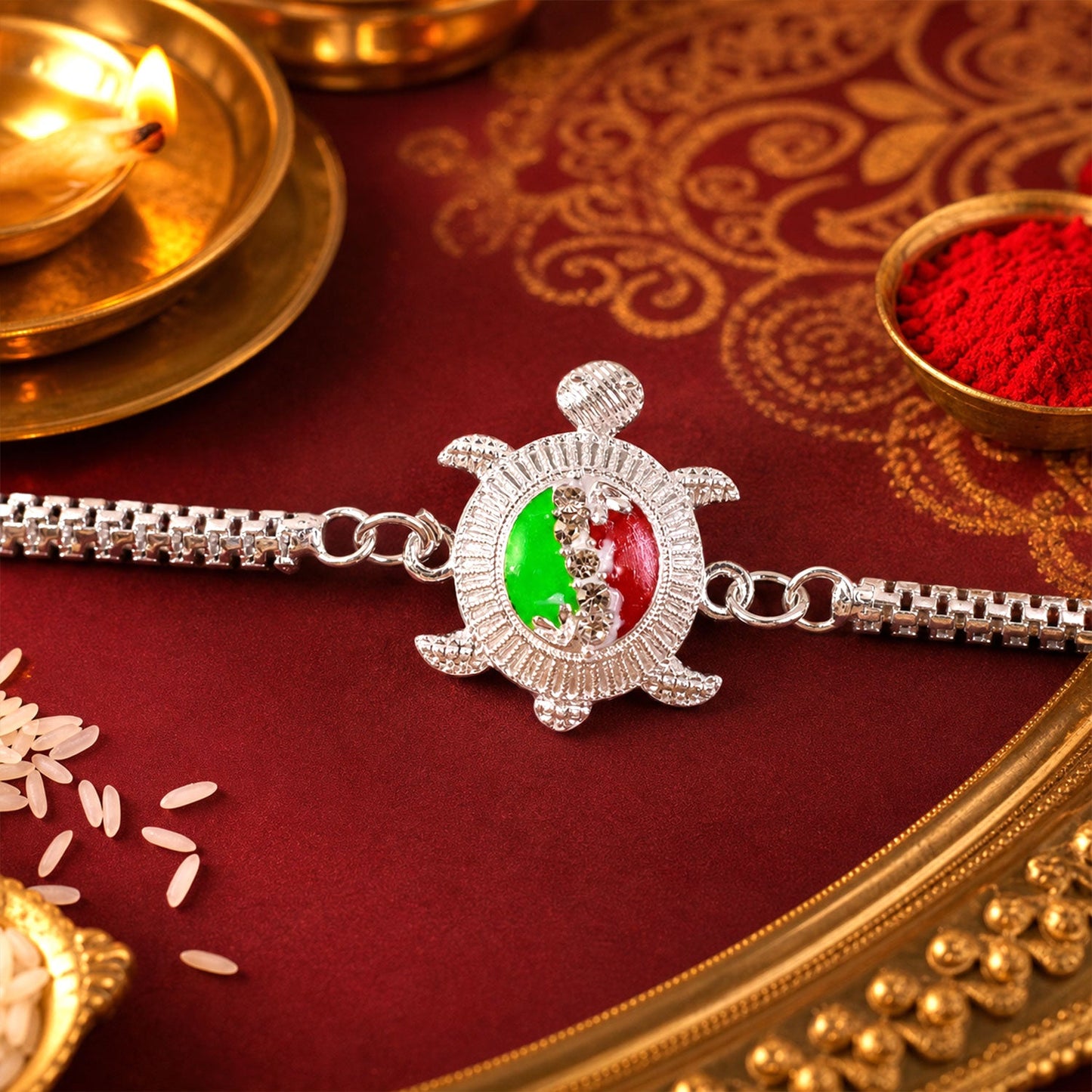 Turtle Rakhi for Brother Silver Enamel Chain Design (10pcs)