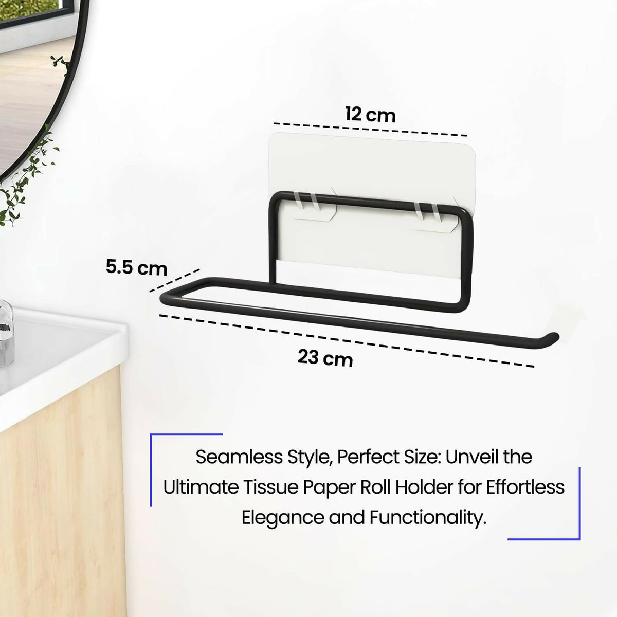 Wall-mounted black metal paper towel holder with dimensions of 23 cm length and 5.5 cm height.