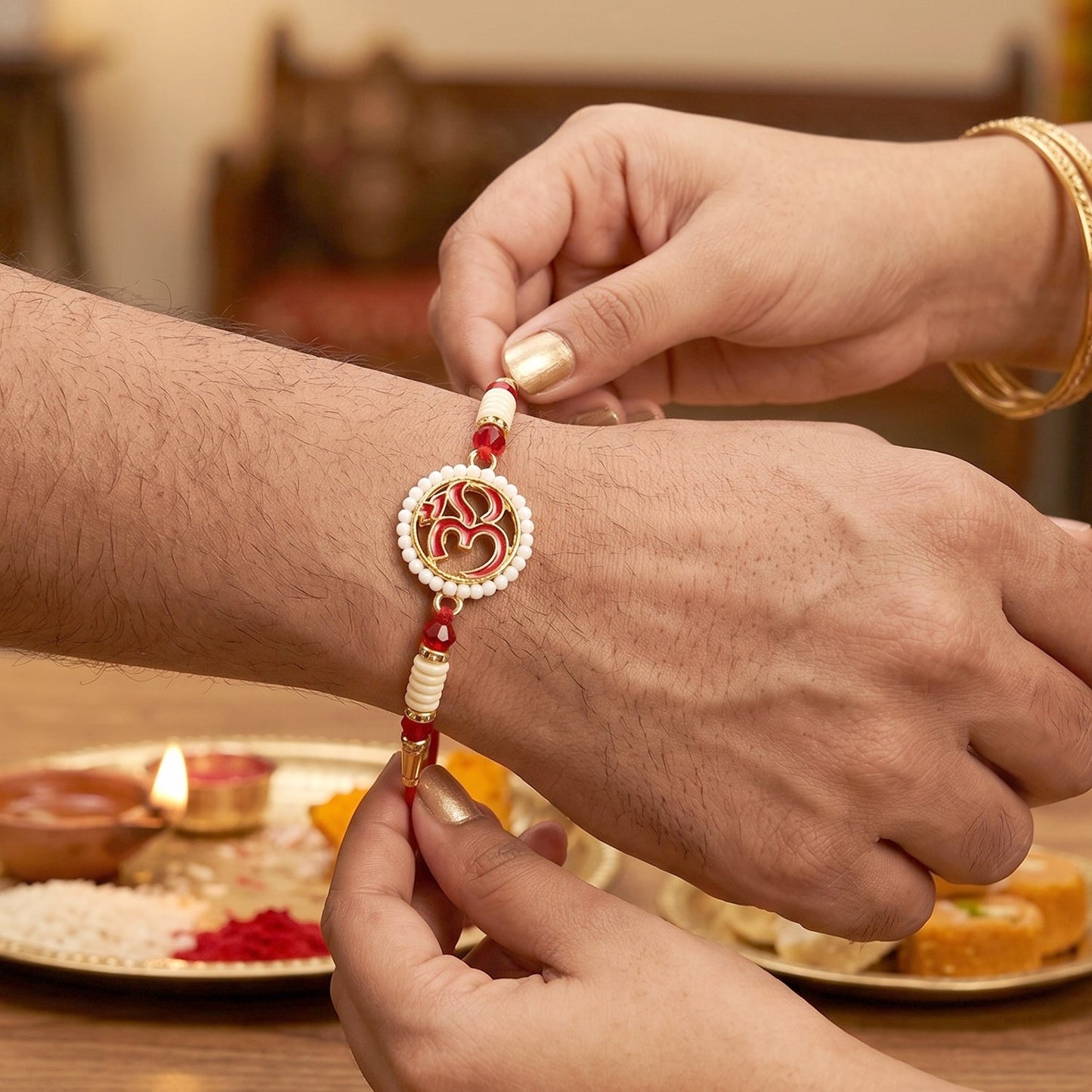 OM Symbol Pearl Frame Rakhi Elegant Traditional Design for Raksha Bandhan (5pcs)