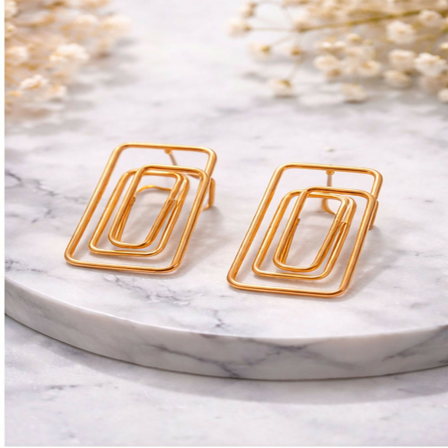 Elegant Gold Finish Geometric Rectangle Earrings for Women | Modern Minimalist Drop Earrings | Lightweight Fashion Jewelry