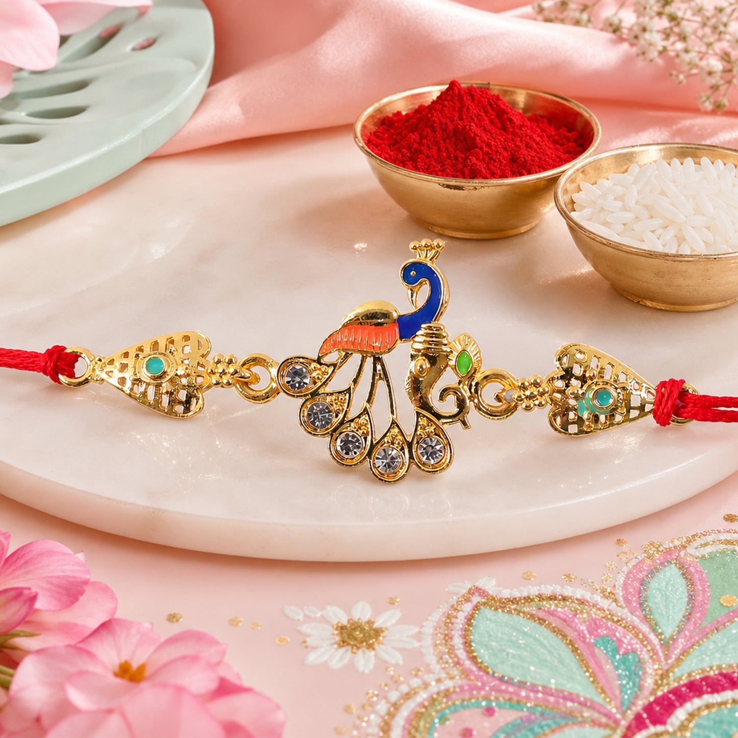 Peacock Kundan Rakhi with Butterscotch Chocolates, Pack of 3
