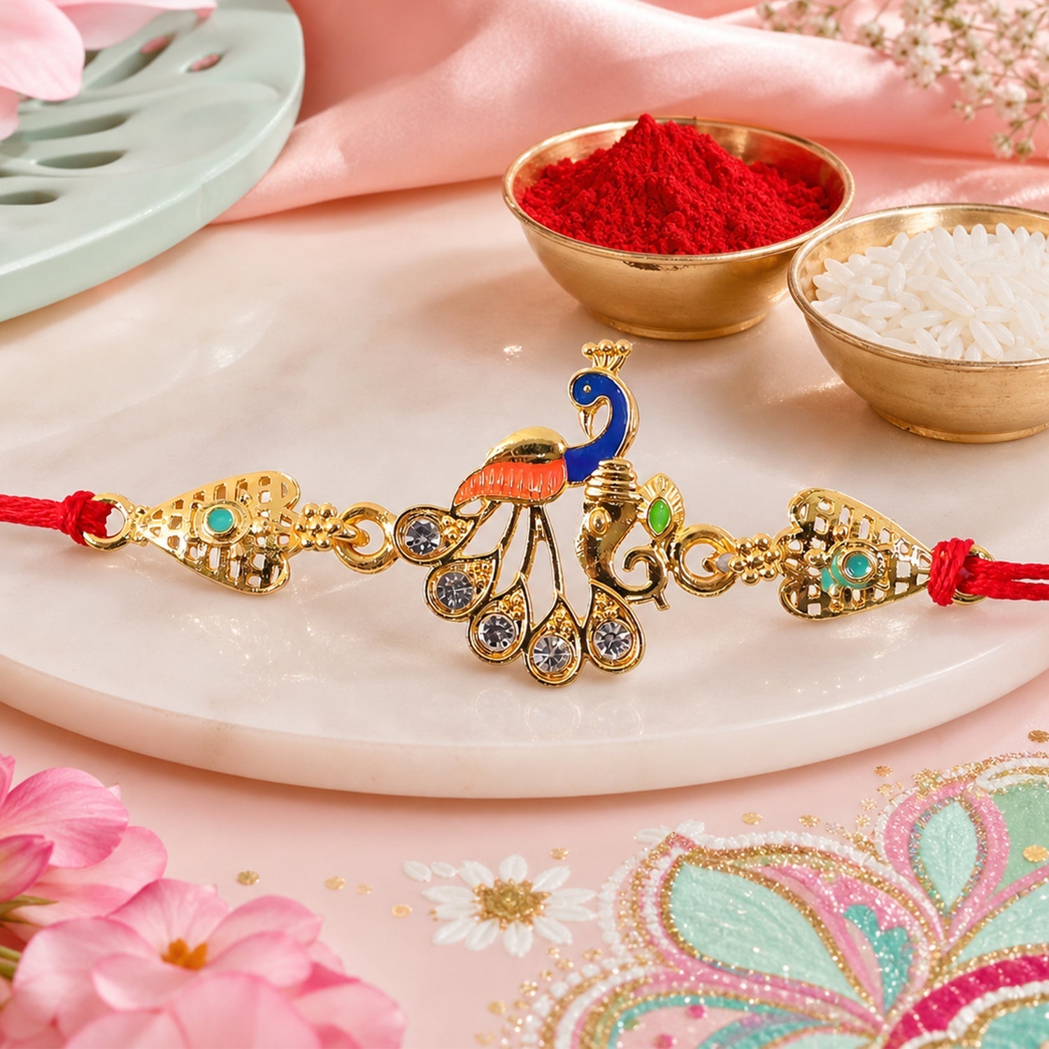 Peacock Kundan Rakhi with Butterscotch Chocolates, Pack of 3