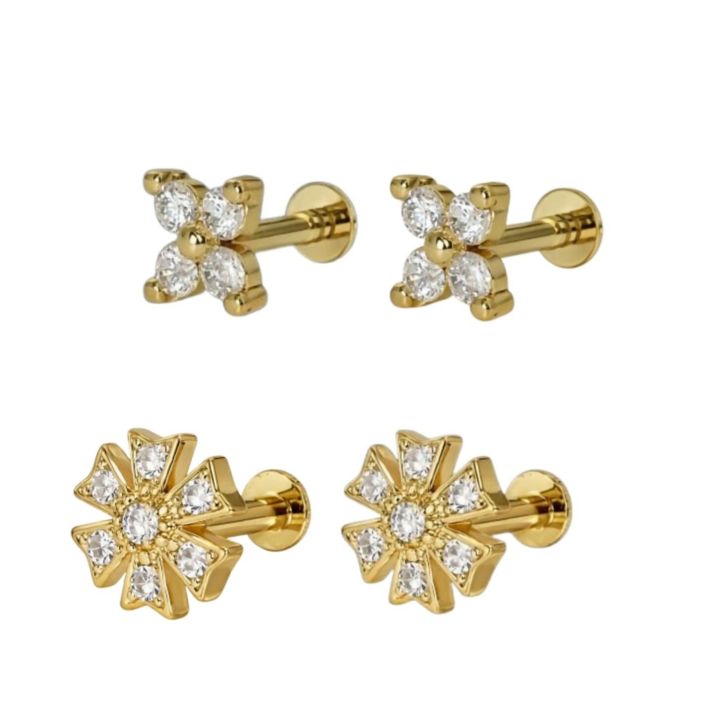 Two pairs of gold floral flat back stud earrings displayed on white background